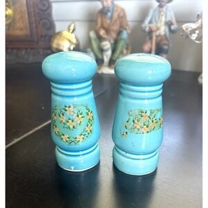 Vintage Teal Floral Salt Pepper Shaker Set Impressed Ceramic Retro